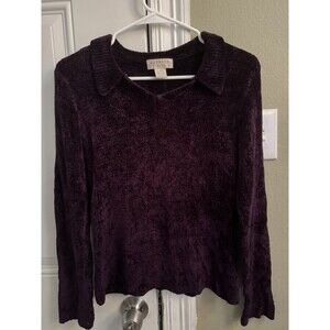 Vintage Express Tricot Sweater M Fitted Deep Purple Acrylic V-Neck Knit Sweater